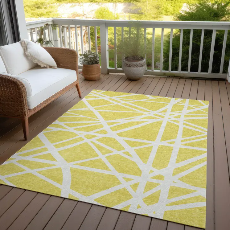 9' X 12' Yellow And Linen Geometric Washable Indoor Outdoor Area Rug