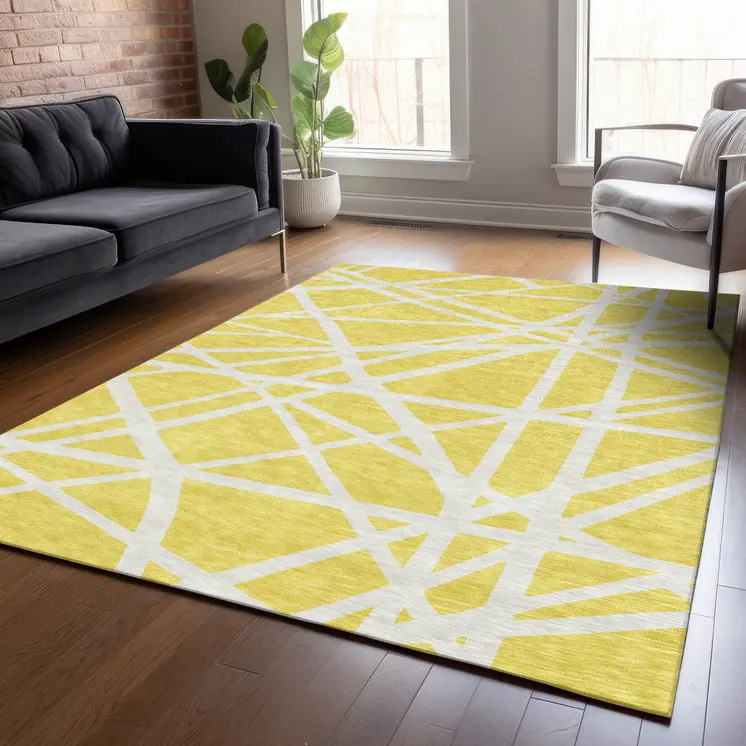 9' X 12' Yellow And Linen Geometric Washable Indoor Outdoor Area Rug