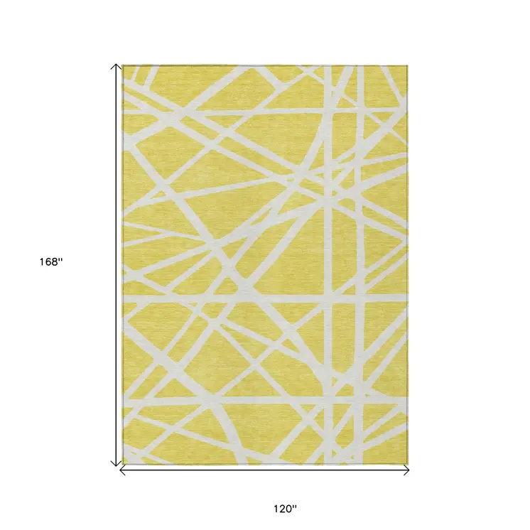 10' X 14' Yellow And Linen Geometric Washable Indoor Outdoor Area Rug