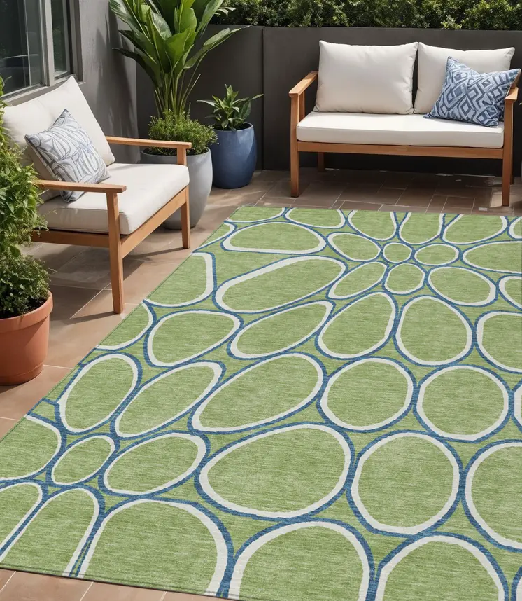 5' X 8' Artichoke Green And Ivory Abstract Washable Indoor Outdoor Area Rug