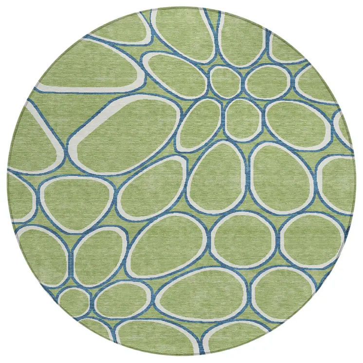 8' Artichoke Green And Ivory Round Abstract Washable Indoor Outdoor Area Rug