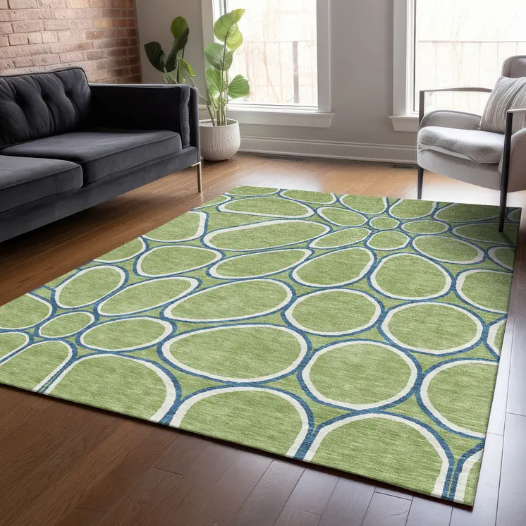 9' X 12' Artichoke Green And Ivory Abstract Washable Indoor Outdoor Area Rug