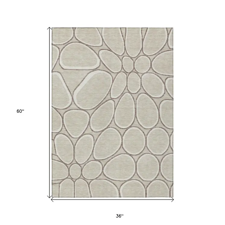 3' X 5' Beige And Brown Abstract Washable Indoor Outdoor Area Rug