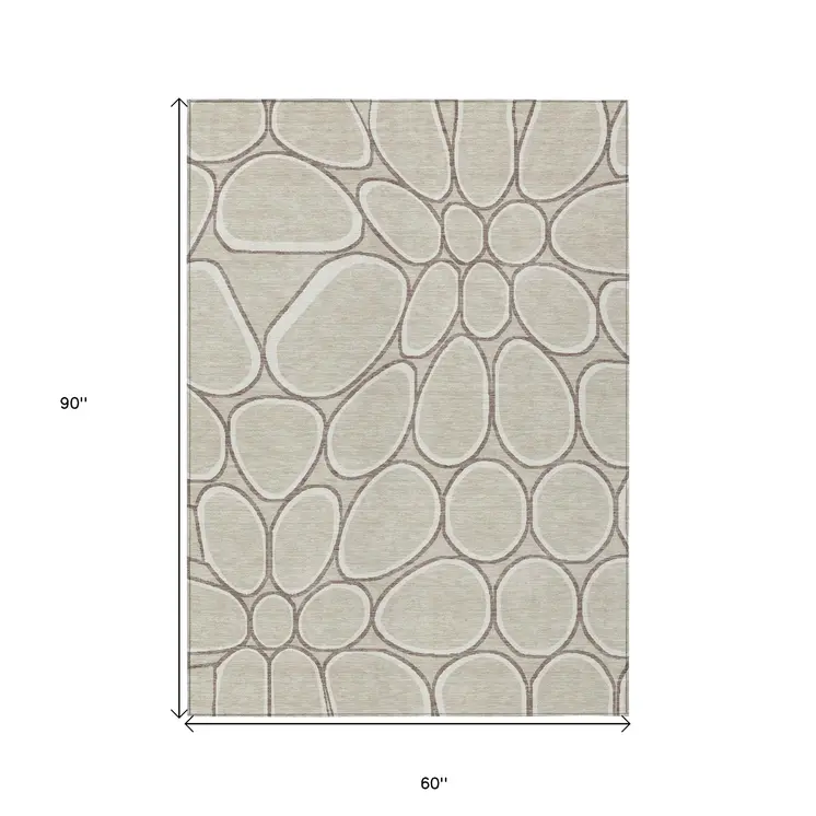 5' X 8' Beige And Brown Abstract Washable Indoor Outdoor Area Rug