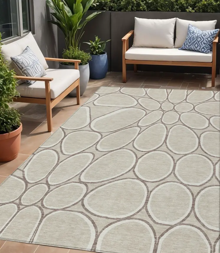 5' X 8' Beige And Brown Abstract Washable Indoor Outdoor Area Rug