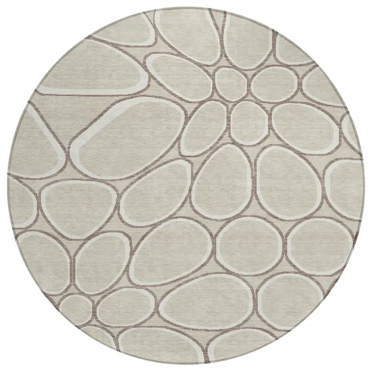 8' Beige And Brown Round Abstract Washable Indoor Outdoor Area Rug