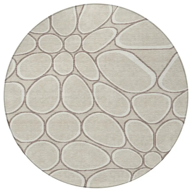8' Beige And Brown Round Abstract Washable Indoor Outdoor Area Rug