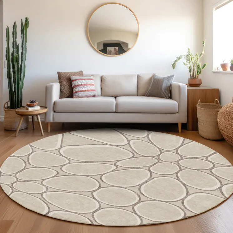 8' Beige And Brown Round Abstract Washable Indoor Outdoor Area Rug