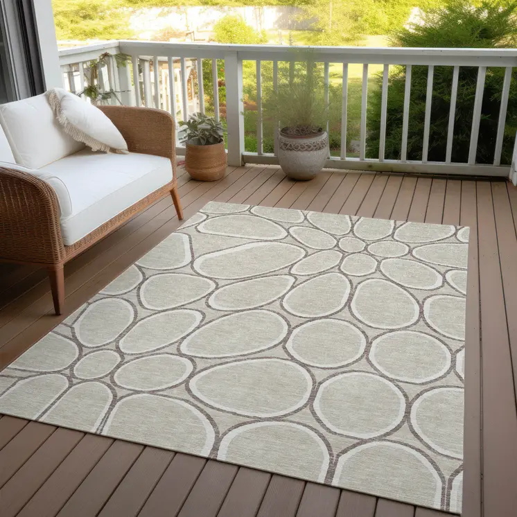 10' X 14' Beige And Brown Abstract Washable Indoor Outdoor Area Rug