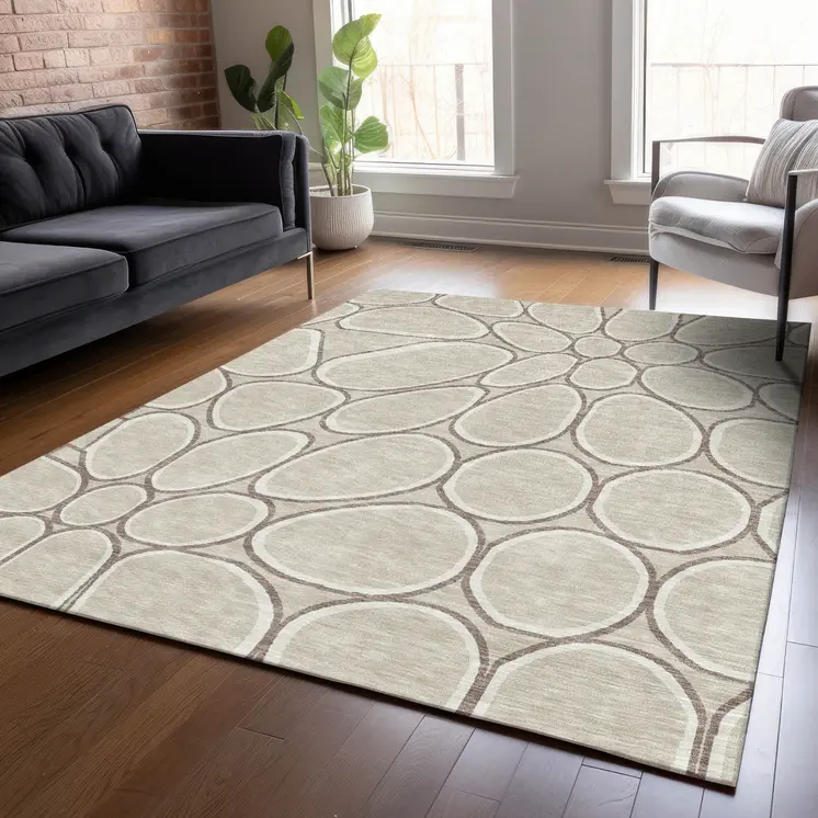 10' X 14' Beige And Brown Abstract Washable Indoor Outdoor Area Rug