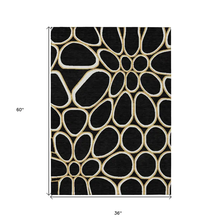 3' X 5' Black Ivory And Beige Abstract Washable Indoor Outdoor Area Rug