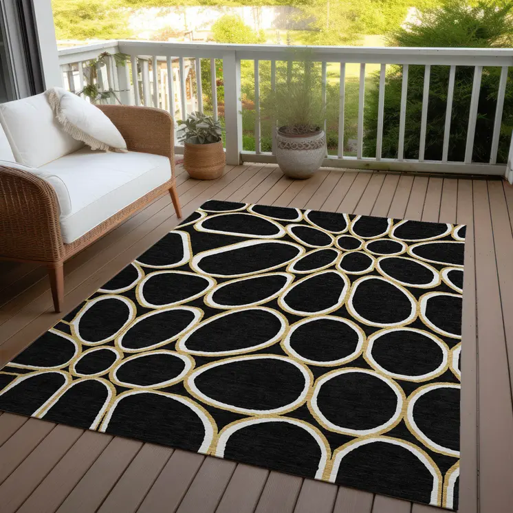3' X 5' Black Ivory And Beige Abstract Washable Indoor Outdoor Area Rug