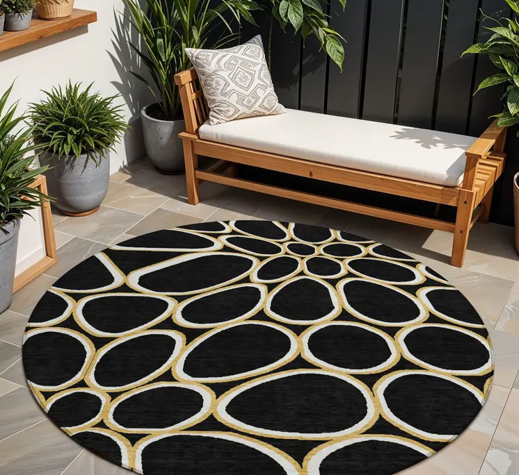 8' Black Ivory And Beige Round Abstract Washable Indoor Outdoor Area Rug