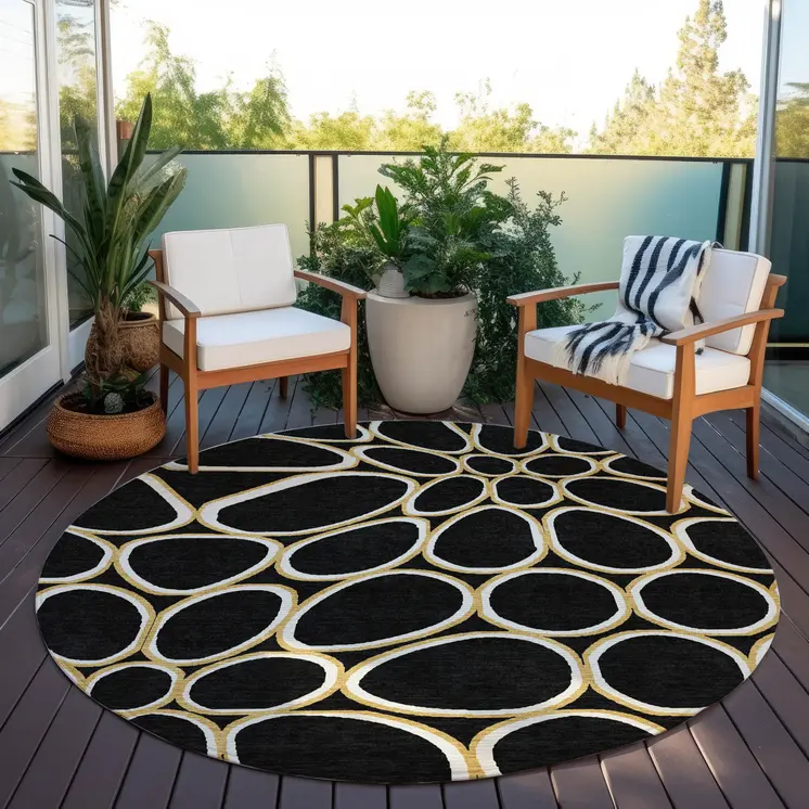 8' Black Ivory And Beige Round Abstract Washable Indoor Outdoor Area Rug