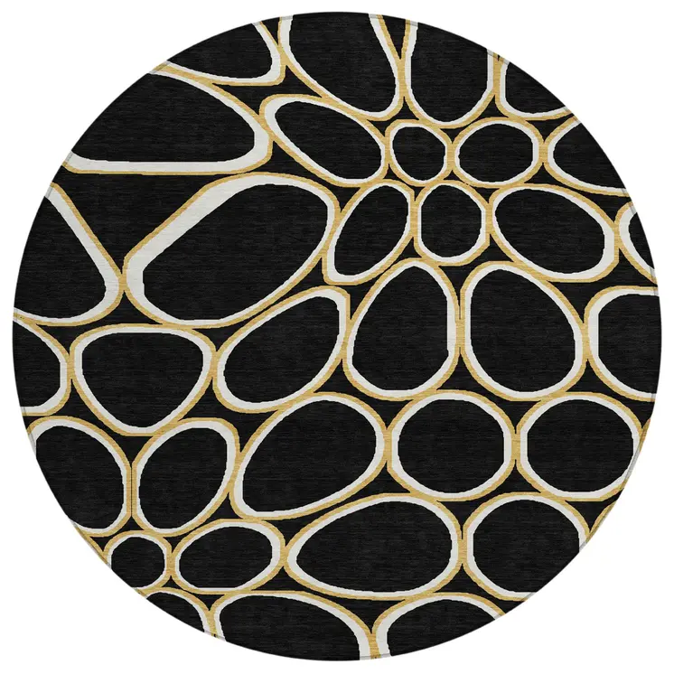 8' Black Ivory And Beige Round Abstract Washable Indoor Outdoor Area Rug