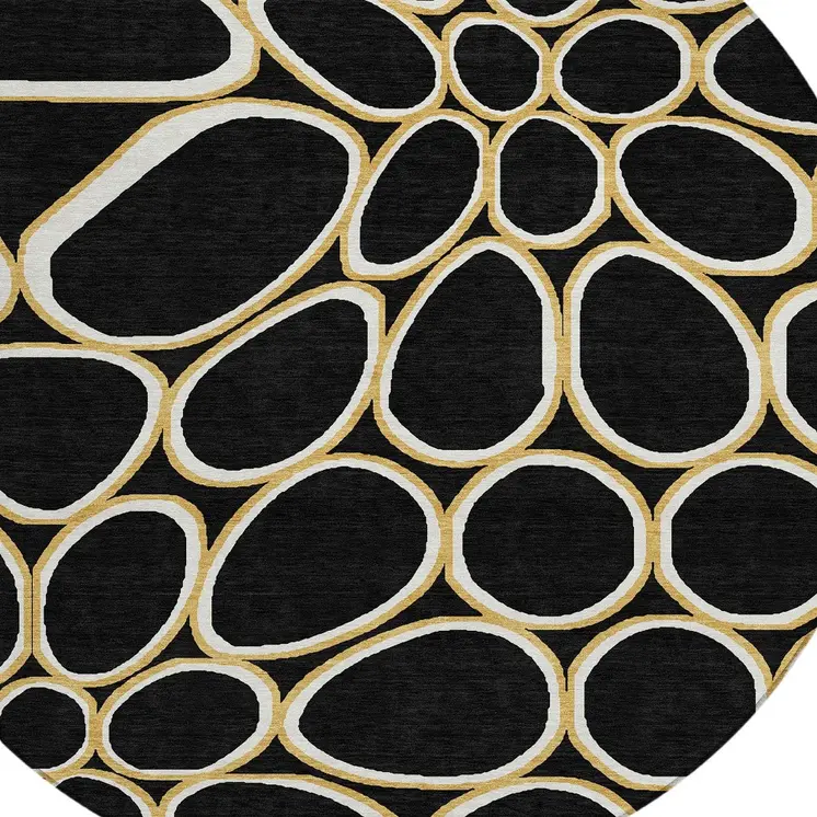 8' Black Ivory And Beige Round Abstract Washable Indoor Outdoor Area Rug