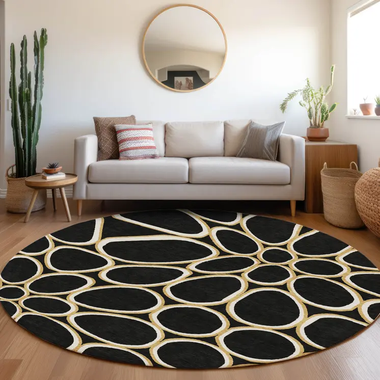 8' Black Ivory And Beige Round Abstract Washable Indoor Outdoor Area Rug