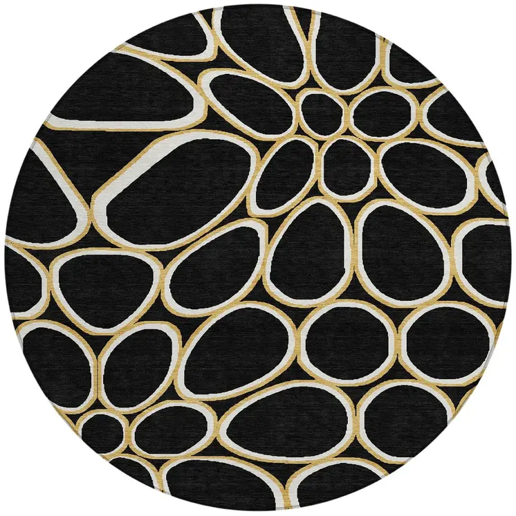 8' Black Ivory And Beige Round Abstract Washable Indoor Outdoor Area Rug