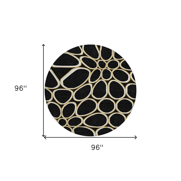 8' Black Ivory And Beige Round Abstract Washable Indoor Outdoor Area Rug
