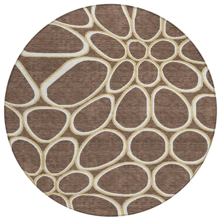 8' Black Ivory And Beige Round Abstract Washable Indoor Outdoor Area Rug