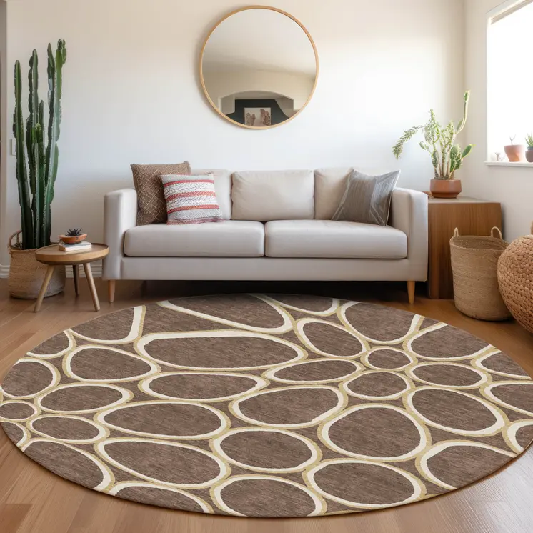 8' Black Ivory And Beige Round Abstract Washable Indoor Outdoor Area Rug