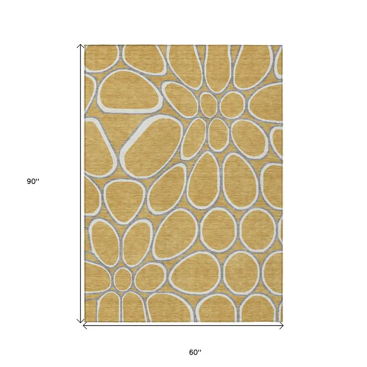 5' X 8' Gold Gray And Ivory Abstract Washable Indoor Outdoor Area Rug