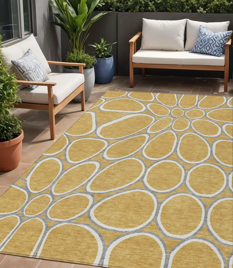 5' X 8' Gold Gray And Ivory Abstract Washable Indoor Outdoor Area Rug