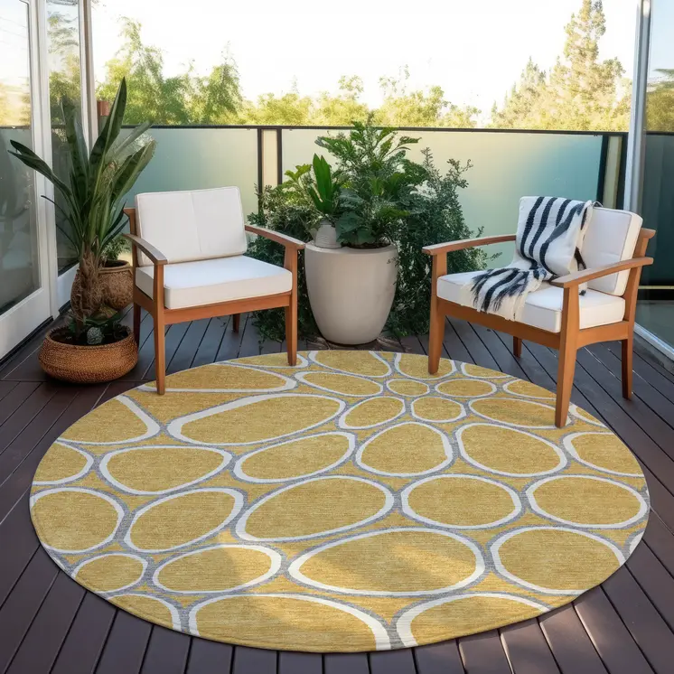 8' Gold Gray And Ivory Round Abstract Washable Indoor Outdoor Area Rug