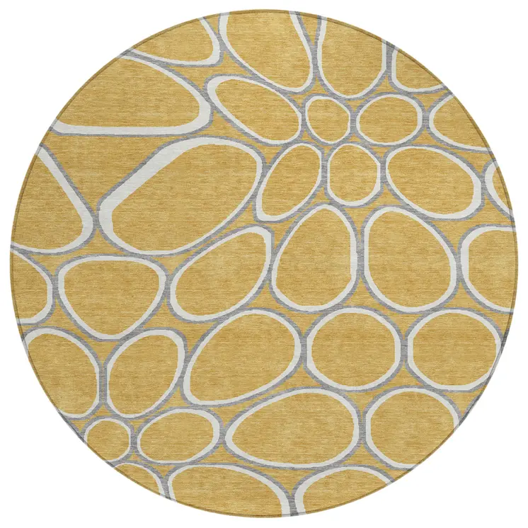 8' Gold Gray And Ivory Round Abstract Washable Indoor Outdoor Area Rug