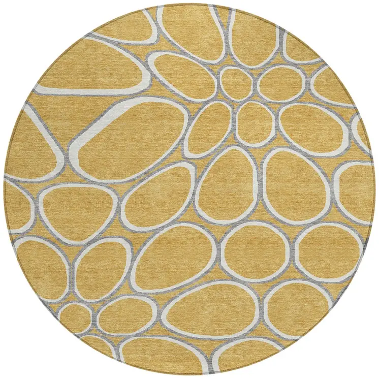 8' Gold Gray And Ivory Round Abstract Washable Indoor Outdoor Area Rug