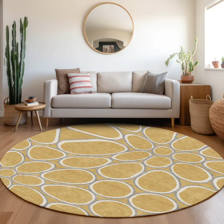 8' Gold Gray And Ivory Round Abstract Washable Indoor Outdoor Area Rug
