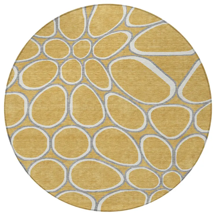 8' Gold Gray And Ivory Round Abstract Washable Indoor Outdoor Area Rug