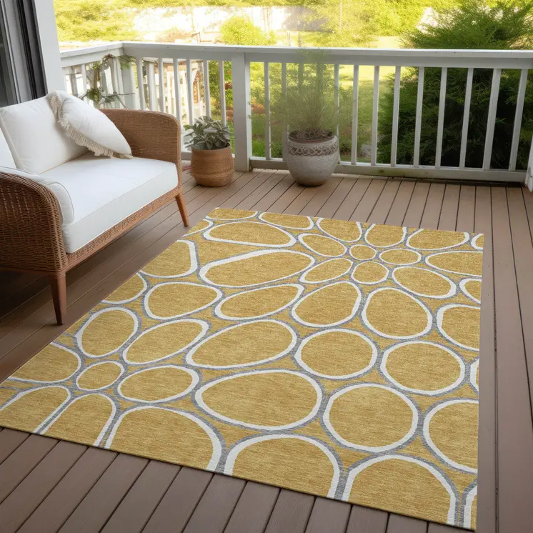 8' X 10' Gold Gray And Ivory Abstract Washable Indoor Outdoor Area Rug