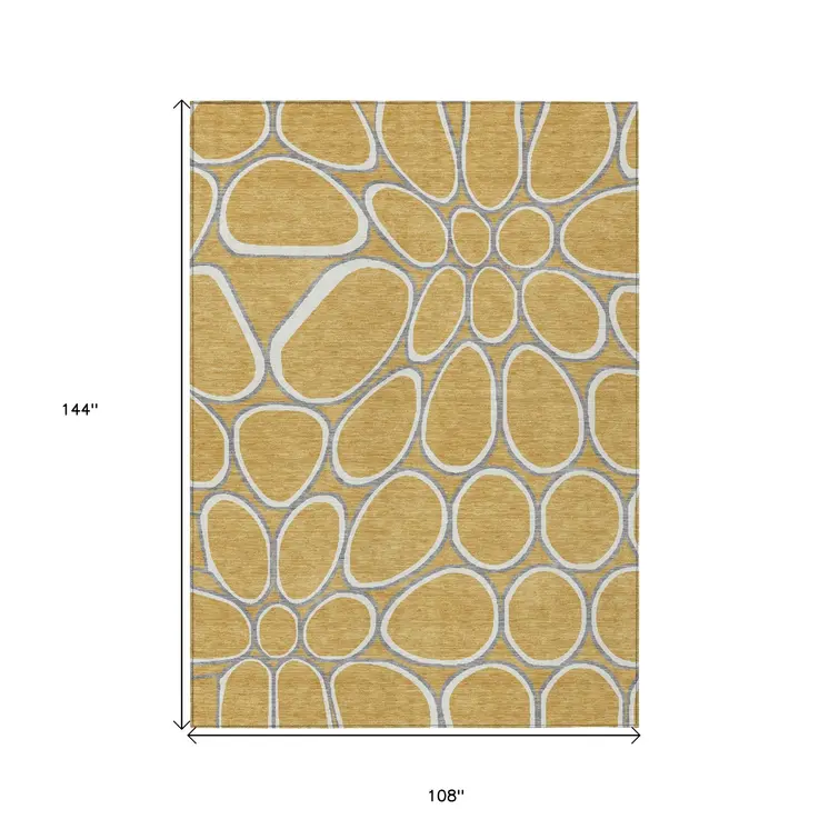 9' X 12' Gold Gray And Ivory Abstract Washable Indoor Outdoor Area Rug