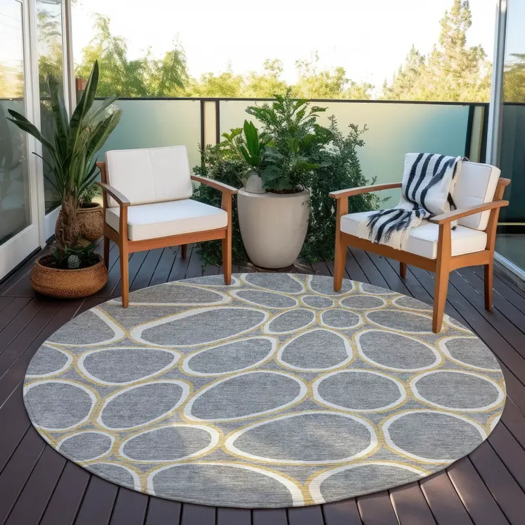 8' Gray Ivory And Beige Round Abstract Washable Indoor Outdoor Area Rug