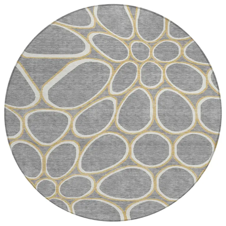 8' Gray Ivory And Beige Round Abstract Washable Indoor Outdoor Area Rug