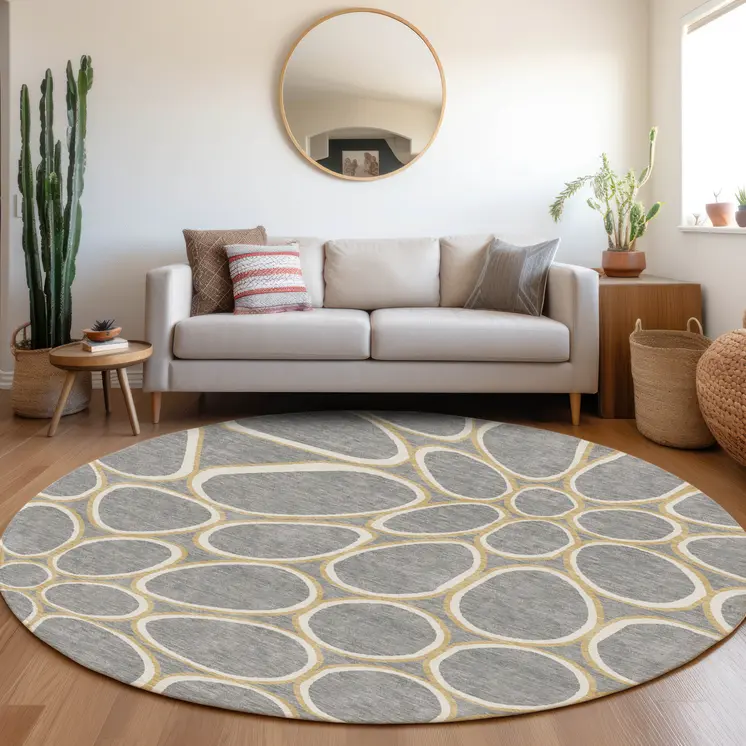 8' Gray Ivory And Beige Round Abstract Washable Indoor Outdoor Area Rug