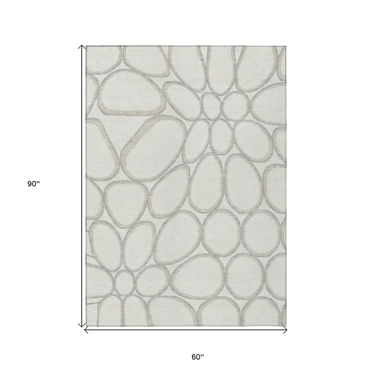 5' X 8' Ivory And Gray Abstract Washable Indoor Outdoor Area Rug