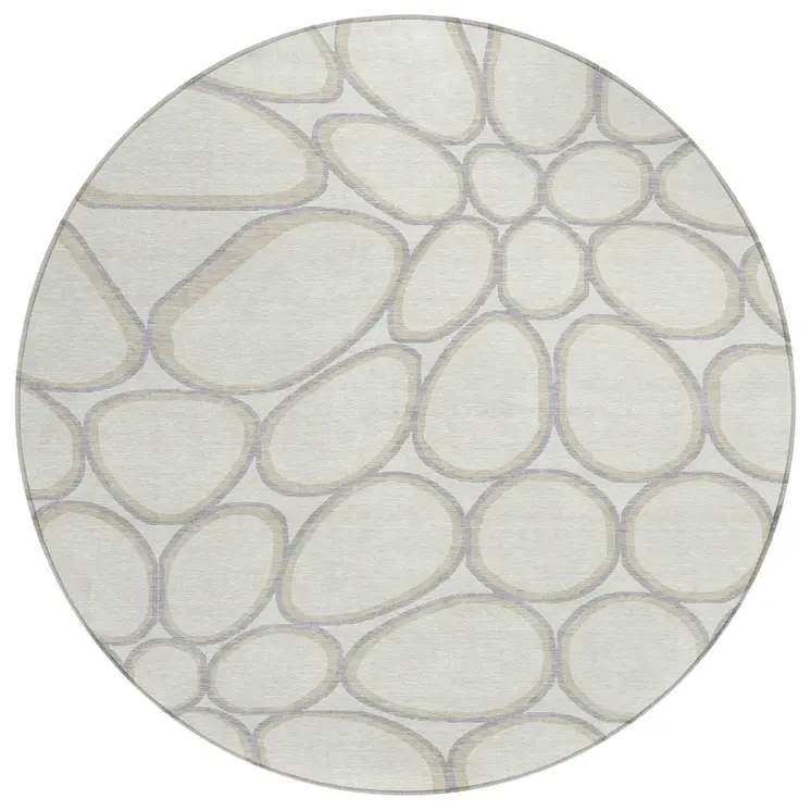 8' Ivory And Gray Round Abstract Washable Indoor Outdoor Area Rug