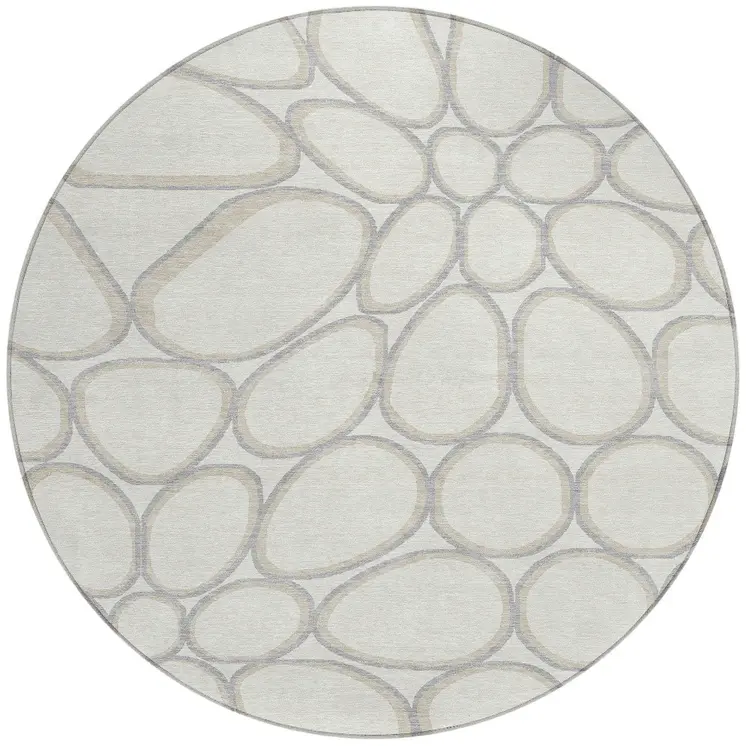 8' Ivory And Gray Round Abstract Washable Indoor Outdoor Area Rug