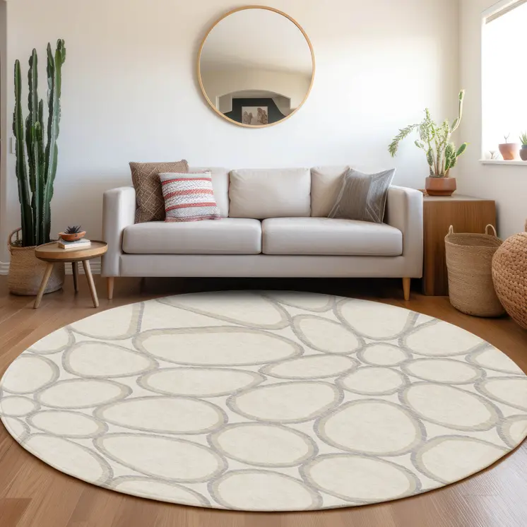 8' Ivory And Gray Round Abstract Washable Indoor Outdoor Area Rug