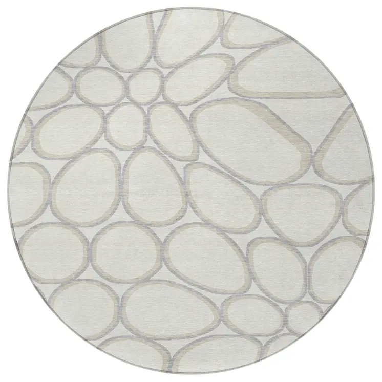 8' Ivory And Gray Round Abstract Washable Indoor Outdoor Area Rug