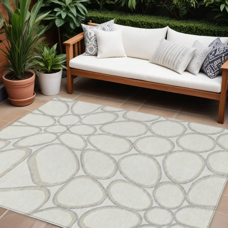 9' X 12' Ivory And Gray Abstract Washable Indoor Outdoor Area Rug
