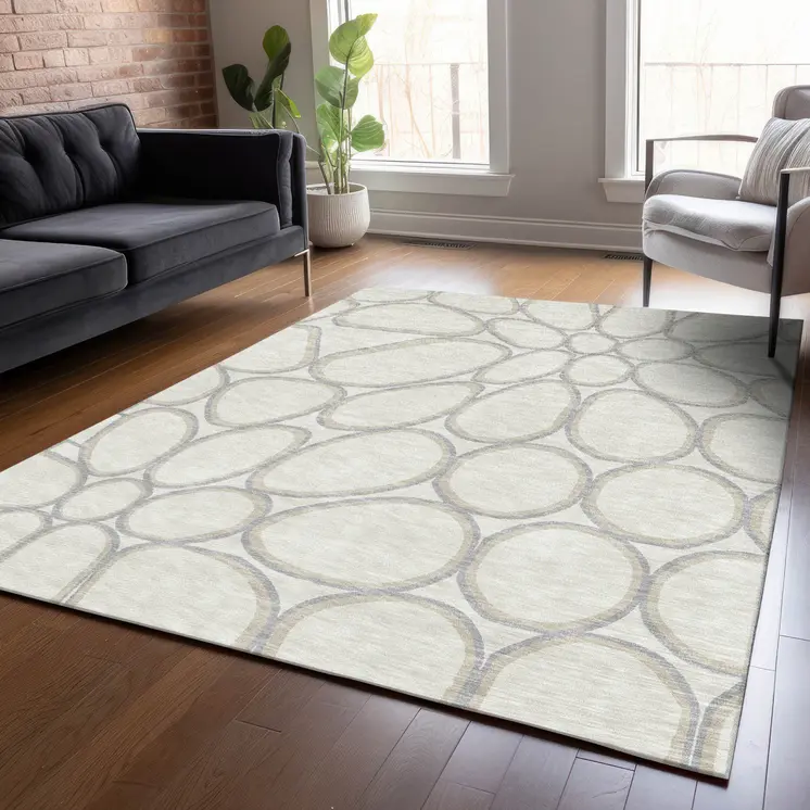9' X 12' Ivory And Gray Abstract Washable Indoor Outdoor Area Rug