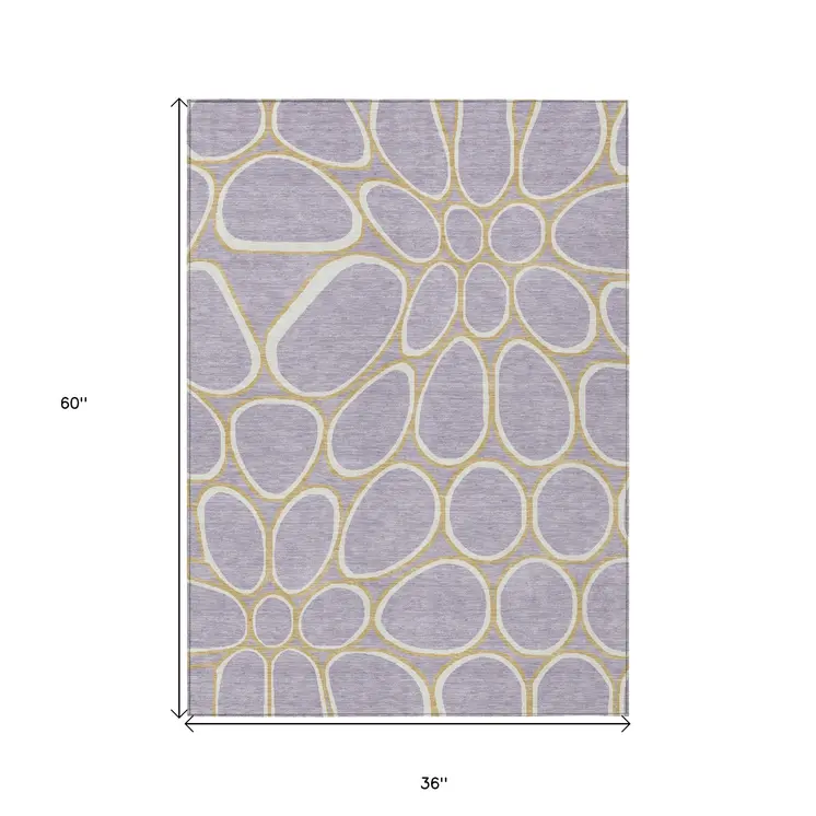 3' X 5' Lavender Ivory And Gold Abstract Washable Indoor Outdoor Area Rug