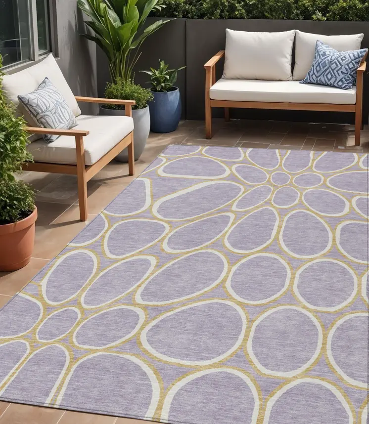 5' X 8' Lavender Ivory And Gold Abstract Washable Indoor Outdoor Area Rug