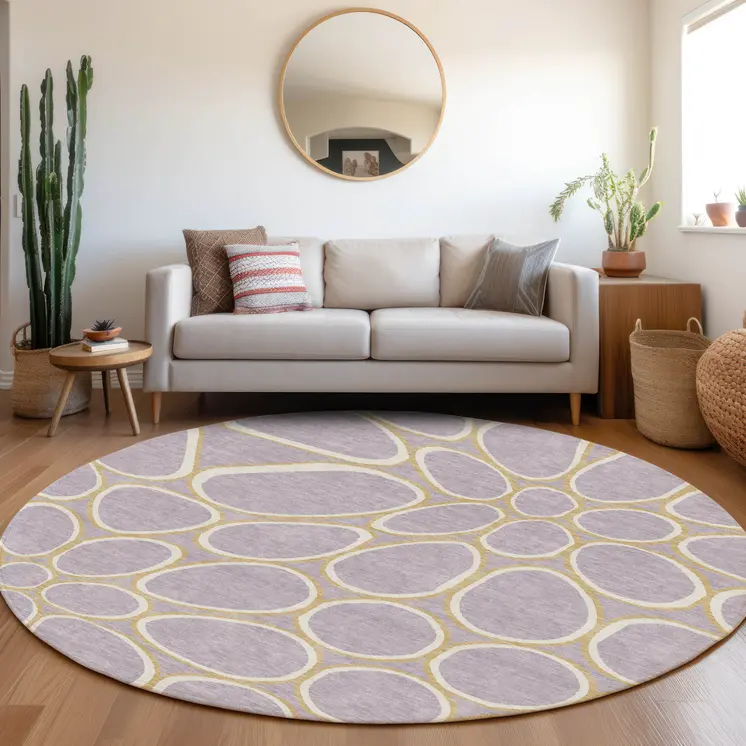 8' Lavender Ivory And Gold Round Abstract Washable Indoor Outdoor Area Rug