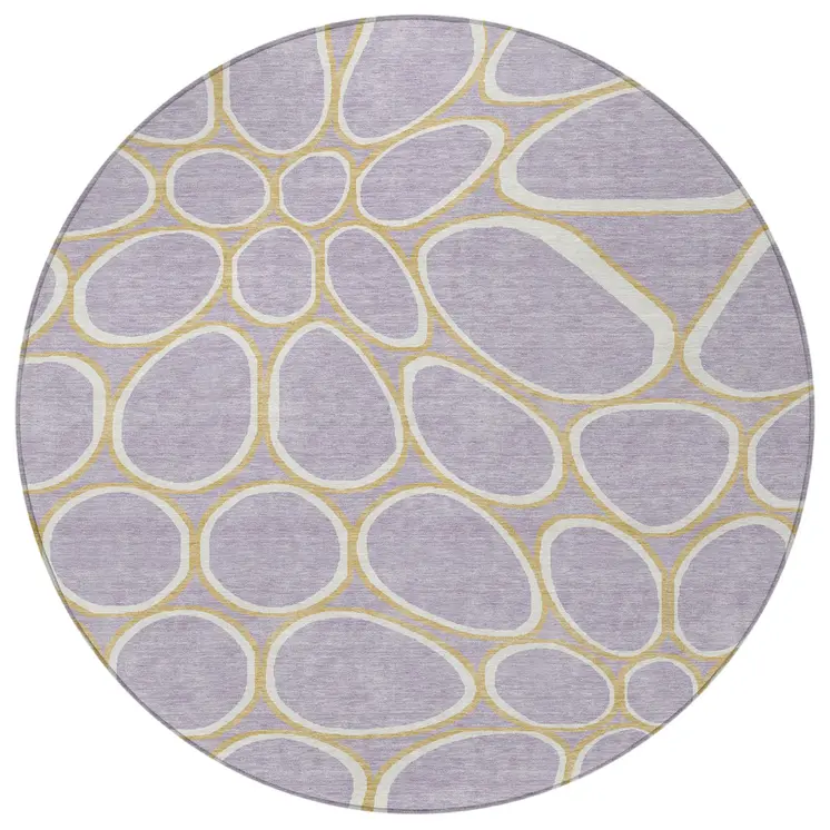 8' Lavender Ivory And Gold Round Abstract Washable Indoor Outdoor Area Rug