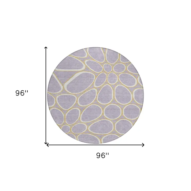 8' Lavender Ivory And Gold Round Abstract Washable Indoor Outdoor Area Rug