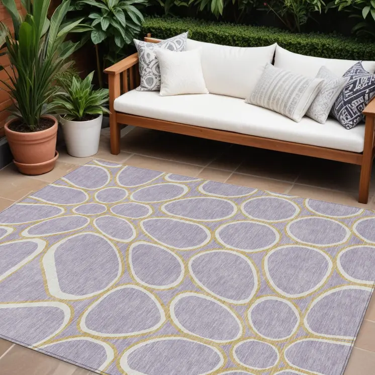 8' X 10' Lavender Ivory And Gold Abstract Washable Indoor Outdoor Area Rug